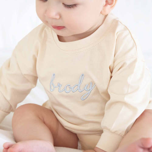 Embroidered Script Name Long Sleeve Bubble Romper | Natural