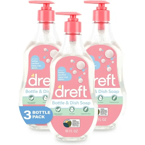 DREFT Bottle and Dish Soap | Made to Clean Baby Bottles, Sippy Cups, Pacifiers, Breast Pumps, & More | Gently Removes Milk Film & Odors | Plant Based, Fragrance Free Dish Soap | 18 Fl Oz (Pack of 3)