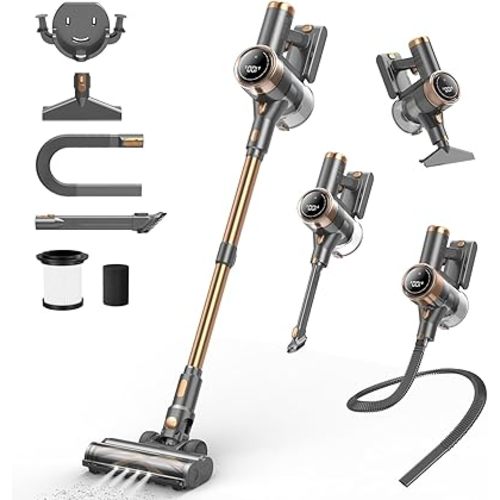 Cordless Vacuum Cleaner, 10-in-1 Lightweight Stick Vacuum with 45mins Runtime, Powerful Suction, LED Touch Screen, Rechargeable Vacuum Cleaners for Home Hardwood Floor Carpet Pet Hair (Gold)