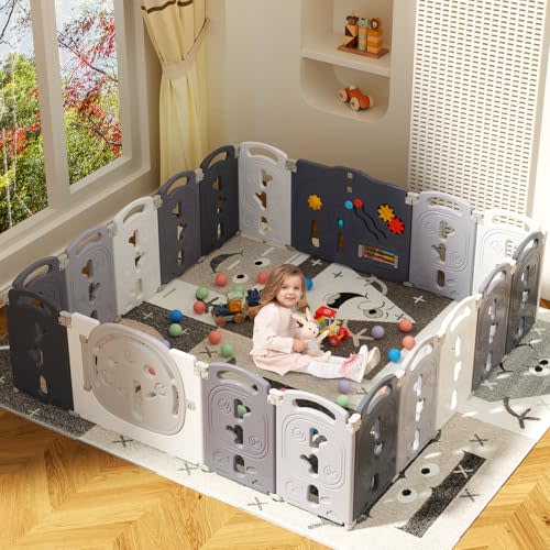 Baby Playpen, Foldable & Portable Play Yard for Babies and Toddlers, Easy Assemble 18 Panel Kids Fence Safety Activity Play Center with Lock, Home Indoor Outdoor, Gray White