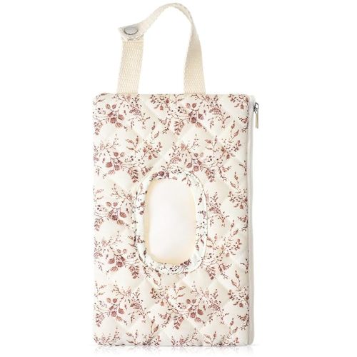 1 Pcs Quilted Diaper and Wipes Pouch Portable Hanging Floral Wet Wipe Bag Diaper Bag Reusable Wipes Pouch for for Stroller Car Travel Infant Diapering Organizer (Beige Floral)