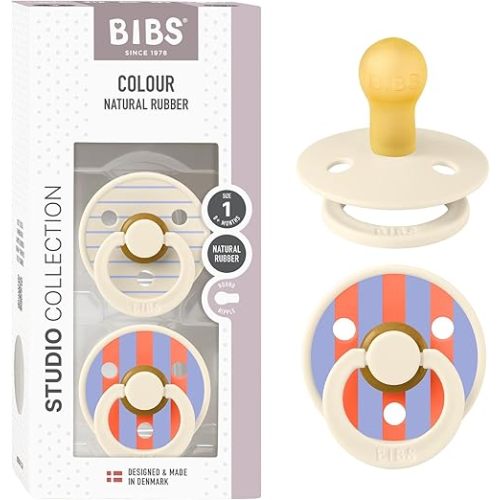 BIBS Pacifiers - Studio 2 Pack | Round Nipple Baby Pacifier | BPA Free Natural Rubber Latex Soother | Made in Denmark | Size 0+ Months | Pin Ivory Hush