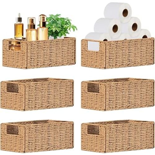 6 Pack Small Wicker Baskets, Wicker Woven Storage Basket Toilet Paper Baskets with Handles, Towel Basket for Home Organizing Shelves (Beige)