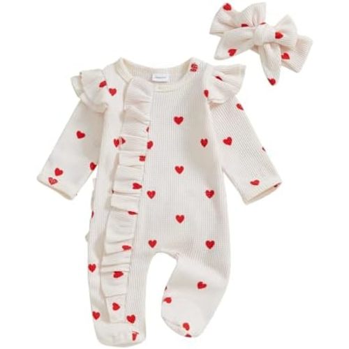 Newborn Baby Girl Valentines Outfit Ruffle Heart Print Romper Waffle Jumpsuit Coming Home Outfit