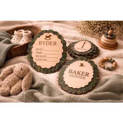 Baby Milestone Bundle, Green Plaid Birth Announcement, Monthly Name Plaques