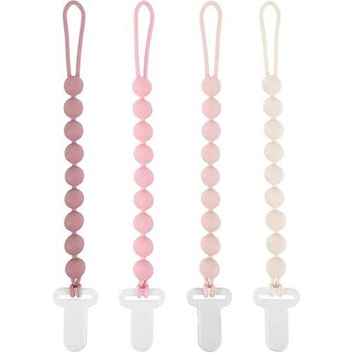 MINMUNJIU Pacifier Clips Baby Girl, 4 Pack One Piece Flexible Soft Binky Clips Silicone Pacifier Holder Clip for Girls, Baby Girl Newborn Essentials