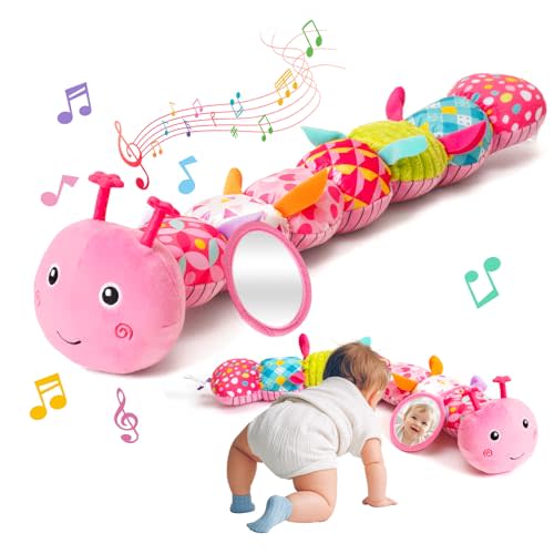 Baby Toys 0-6 Months, Musical Caterpillar Plush Toy with Rattles,Crinkle Sound, Mirror, Newborn Sensory Toys for Infants Developmental Stuffed Animal with Tummy Time for Boys Girls 6-12 Month (Pink)