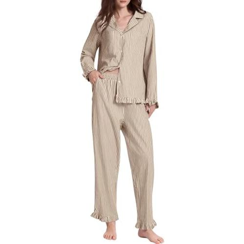 COZYPOIN 100% Cotton Striped Pajamas Set for Women Elegant Ruffle Long Sleeve Button Down 2 Piece Lounge Sleepwear Set