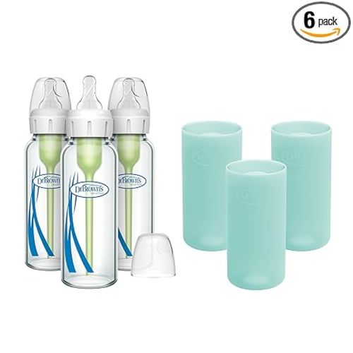 Dr. Brown's Anti-Colic Options+ Narrow Glass Baby Bottles 8 oz/250 mL, with Level 1 Slow Flow Nipple, 3 Pack 0m+ with Mint 100% Silicone Sleeves, BPA-Free