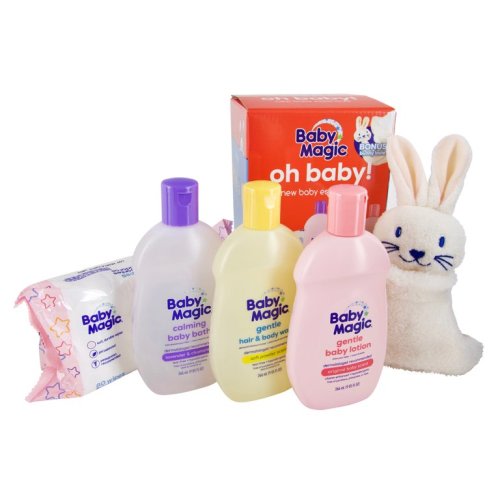 Baby Magic Oh Baby! Baby Essentials Gift Set | (1) Each 9oz Gentle Hair & Body Wash, 9oz Calming Baby Bath, 9oz Gentle Baby Lotion, 80ct Unscented Wipes and Bonus Bunny Lovie