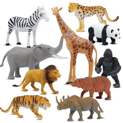 Safari Animal Figurines Set for Kids, 10 Piece Realistic Wild Zoo Animals Collection with Elephant, Lion, Tiger, Giraffe, Educational Toys for Toddlers Boys Girls
