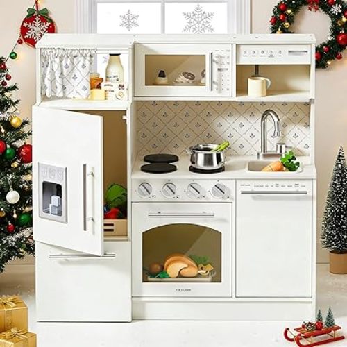 Tiny Land Play Kitchen for Kids, Upgraded Wooden Kitchen Toy with Complete Play Areas, Pretend Cooking Set with Sink, Stove, Microwave, Toy Coffee Station & Storage for Kids Ages 3+