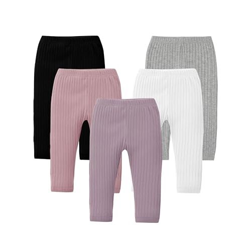Resinta 5 Pack Baby Girl Leggings Soft Cotton Ribbed Toddler Girl Pants Stretchy Pull On Infant Pants for 0-4 Years