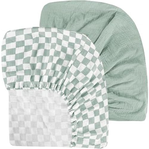 DILIMI Muslin Crib Sheets for Baby Boys and Girls, 2 Packs Ultra-Soft Breathable Baby Crib Sheet for Standard Crib and Toddler Mattress, Green and Checkered