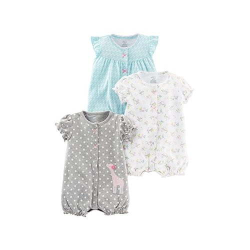 Simple Joys by Carter's Baby Girls Snap-up Rompers, Blue Swan, White Floral and Gray Dot, 3-6 Months, 3-Pack