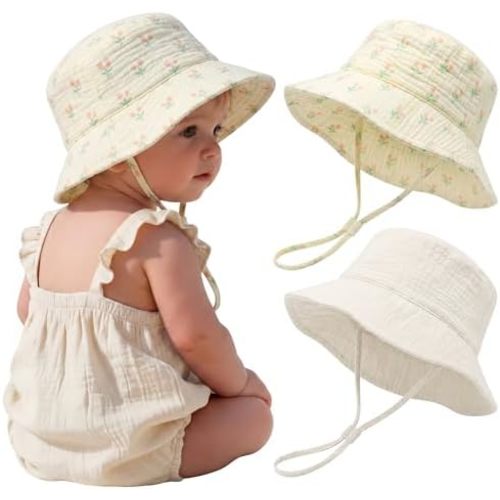 Cooraby 2 Pack Muslin Baby Sun Hat Bucket Hats with Wide Brim Adjustable Beach Hat for Boys Girls
