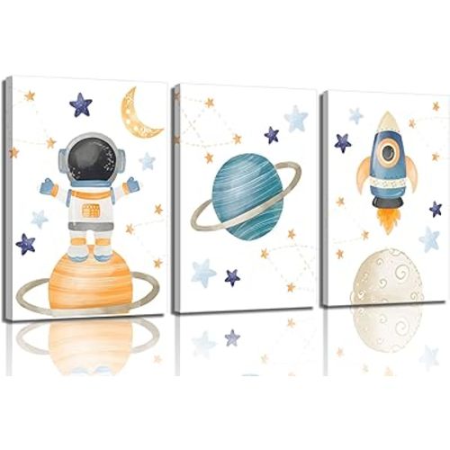 3Pcs Space Nursery Wall Art Fun Planet Canvas Poster Print Rocket and Astronaut Pictures Explore Dream Galaxy Painting Artwork Children's Room Wall Decor for Boys' Room Classroom 12x16in Unframed