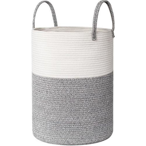 Large Woven Laundry Basket, 15”x18” Tall Blanket Basket Living Room, Cotton Rope Hamper for Bedroom Aesthetic, Baby Nursery, Wicker Hamper for Dirty Clothes, Kid Toy Laundry Storage Bin, Gray
