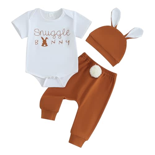 Karuedoo Newborn Baby Boy Easter Outfit Letter Print Short Sleeve Romper Pompom Tail Long Pants with Hat 3Pcs Clothes Set