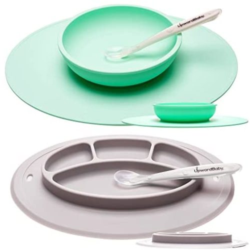 Suction Baby Bowls and Plate Placemats - UpwardBaby Silicone Baby Non Slip Toddler Feeding Set Kids Placemats with Spoons Included - BPA Free