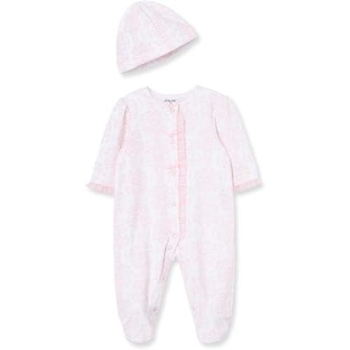 Little Me Clothes for Baby Girls 100% Cotton Scratch-Free Tag Footed One-Piece Romper and Hat Sleeper Set