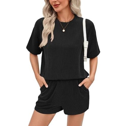Ekouaer Short Sets for Women 2 Piece Outfits Summer Loose Lounge Set Ribbed Textured Knit Short Sleeve