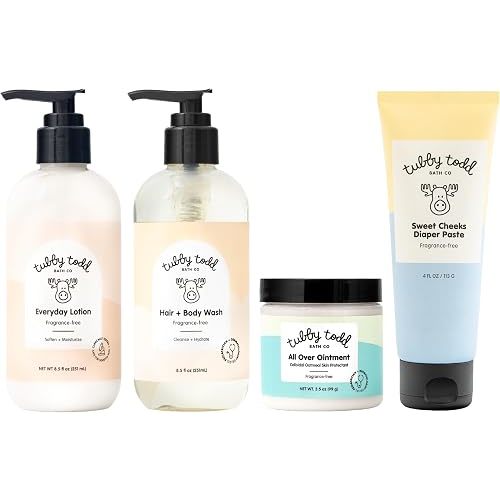 TUBBY TODD Baby Bath & Skincare Kit - The Baby Bundle - Shampoo and Body Wash, Everyday Lotion 8.5 Oz, All Over Ointment 3.5 Oz & Diaper Paste Cream 4 Oz Gift Set - Fragrance-Free