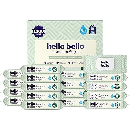 Hello Bello Premium Wipes, Designed for Sensitive Skin with Chamomile & Aloe Extracts, Simply Sage (18 Resealable Packets = 1080 Total Wipes)