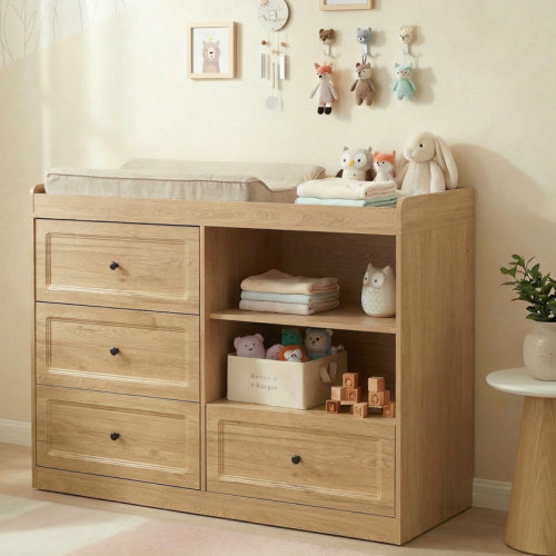 East Urban Home Changing Table Dresser, Baby Nursery Dresser With 4 Drawers And 2 Adjustable Shelves, Wooden Baby Diaper Changing Station, Natural Wood | Wayfair