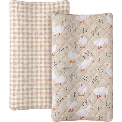 Frienda 2 Pack Goose Changing Pad Covers Waterproof Muslin Changing Pad Covers 32 x 16 Inch Quilted Cotton Fitted Diaper Sheet Breathable Extra Thick Sheets