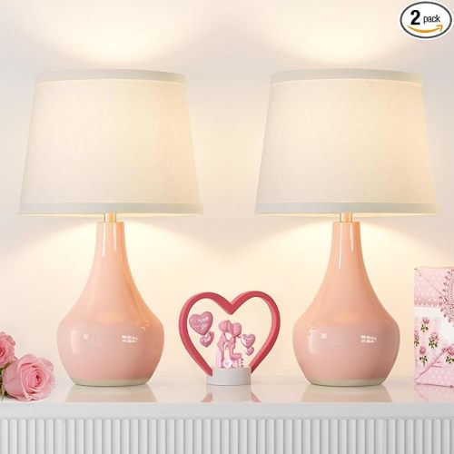 Seealle Modern Pink Table Lamps Set of 2 - Bedroom Lamps for Nightstand,19.4" Bedside Pink Lamp for Girls Room Living Room with Rocker Swtich