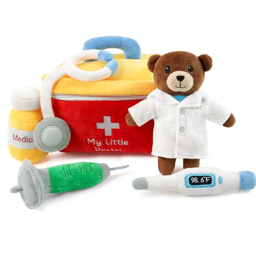 okegztoa Baby Sensory Toys My Little Doctor Bear Plush Toy Set Soft Plush Toy Doctor Kit for Toddlers and Kids Pretend Play Toys Set for Girls Montessori Sensory Toy for Role Play 6 PCS (Bear, Kit)