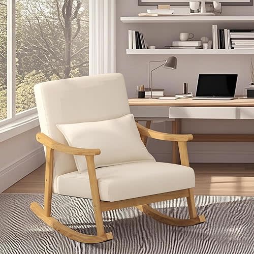 POWERSTONE Nursery Rocking Chair Upholstered Glider Rocker with PP Pillow & Rubber Wood Frame Modern Single Rocking Armchair for Bedroom, Living Room, Balcony, Offices, Nursery Beige