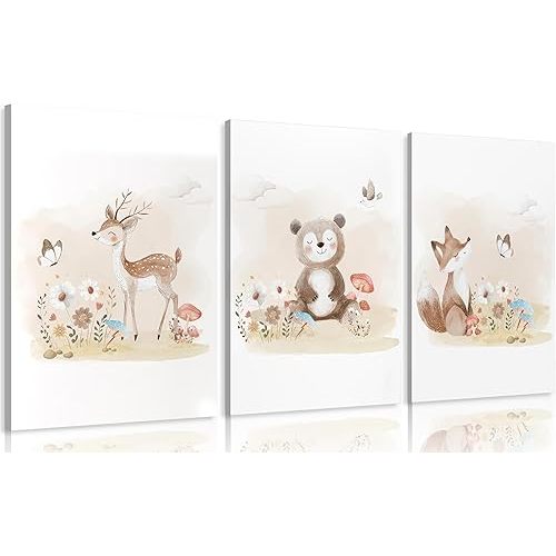 MIZILI Woodland Animal Nursery Canvas Wall Art Wild Watercolor Animals Paintings Pictures Wall Decor Fox Bear Deer Poster Printing Artwork for Boys Room Girls Room Home Decoration