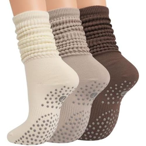 Pilates Socks with Grips for Women, Yoga Barre Slouch Socks 3 Pairs