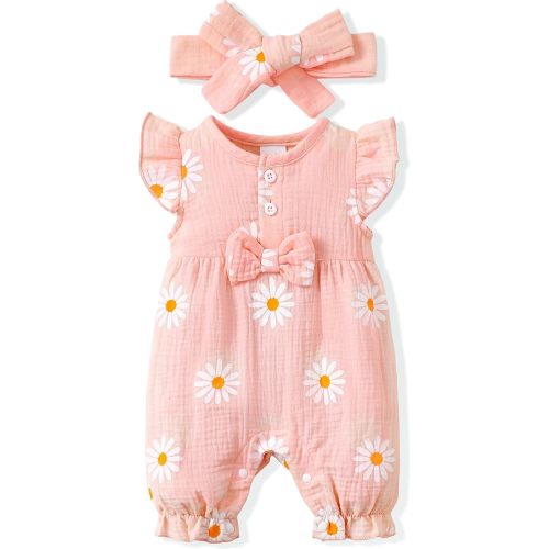 Renotemy Baby Girl Clothes Romper Infant Summer Bodysuit Outfits Cotton Linen Jumpsuits Newborn Essential Preemie Clothes