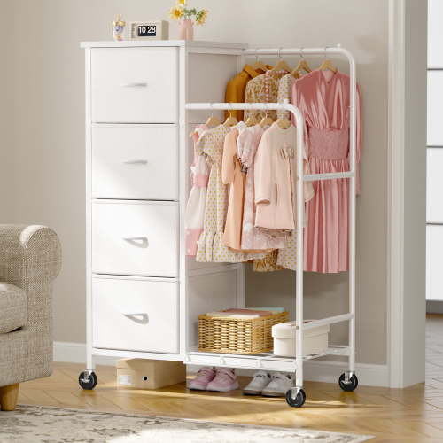 EnHomee Fabric Dresser with 2 Hanging Racks Small Dresser with 4 Drawers for bedroom Small Closet with Clothes Rack, White