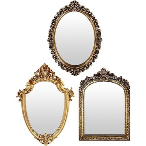3 Styles Christmas Vintage Gold Mirror Set Decorative, Antique Hanging and Tabletop Mirrors with Stand for Living Room Bedroom Dresser, Classic Christmas Home Decor(Classic Style)