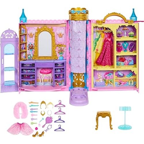 Mattel Disney Princess Toys, Ready for the Ball Closet Playset Opens to 2 Feet Wide & Includes 2 Fashions, 25 Accessories, Storage & More