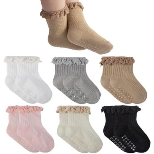 6 Pairs Baby Girl Ruffle Socks Non Slip Grips Cotton Frilly Ankle Crew Fancy Dress Socks for Newborn Infant Toddler