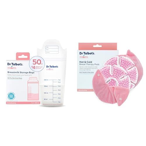 Bundle of Dr. Talbot's Mom Temperature Tracking Breastmilk Storage Bags with 4 MilkFresh Sensors, 50ct + Dr. Talbot's Mom Hot and Cold Breast Therapy Pads - 2 Count - Reusable Gel Packs with Covers