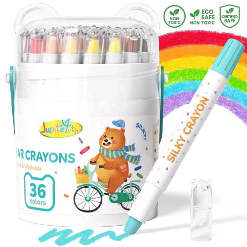 Jupitearth 36-Color Crayons, Washable Art Set, Silky Drawing Supplies for Kids, Durable Design