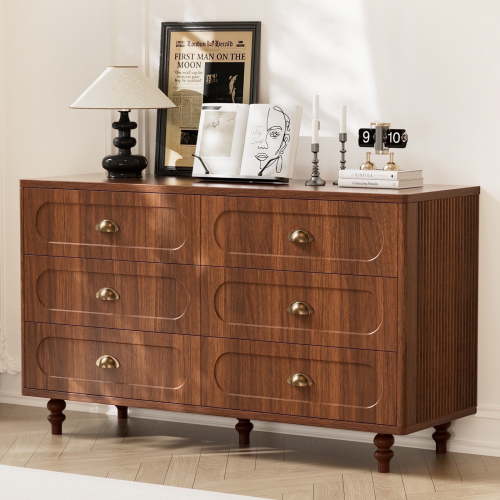 Lumiinofami Mid-Century 6 Drawer Bedroom Dresser, 47" Wooden Chest of Drawers Home Storage Cabinet Organizer for Entryway Hallway, Walnut