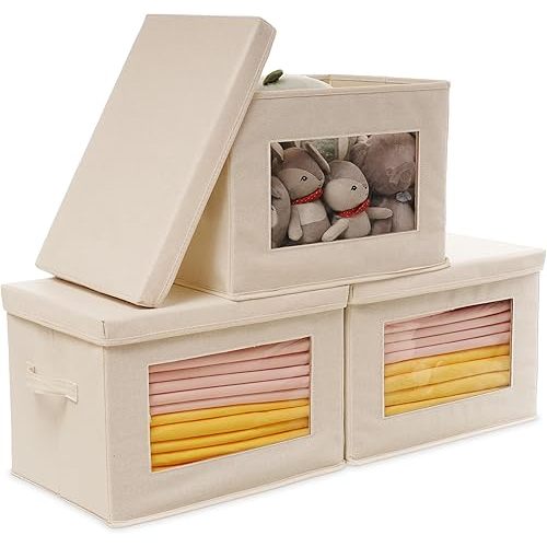 Citylife 3 Pack Storage Bins with Lids, Fabric Foldable Storage Bins with Soft Cord Handles, Canvas Storage Bin with Lid for Organizing Clothes, Blankets and Books, Beige