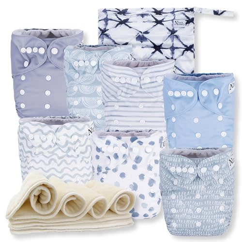 Nora's Nursery Cloth Diapers 7 Pack with 7 Inserts & 1 Wet Bag - Waterproof Cover, Washable, Reusable & One Size Adjustable Pocket Diapers for Newborns and Toddlers - Something Blue