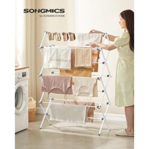 Foldable Clothes Drying Rack with 12 Rods, 14.6x36.6 Inch Steel Frame Laundry Airer for Indoor Outdoor Use, Pearl White