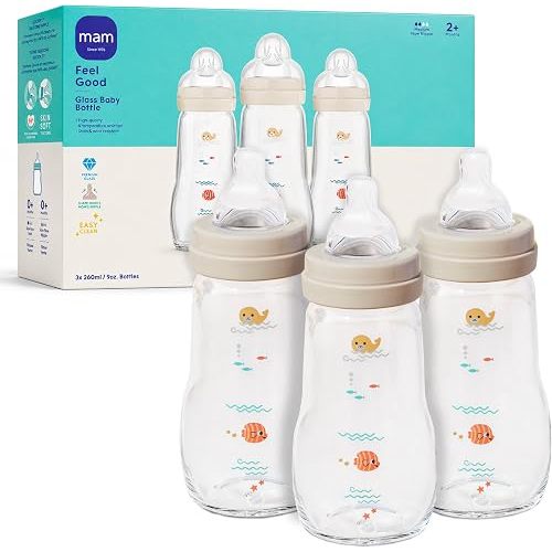 MAM 9oz Pure Glass Feel Good Anti-Colic 2+ Months Baby Bottle, 3 Pk, Unisex