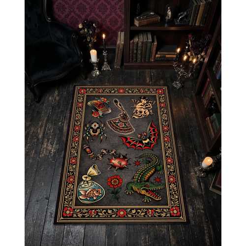 Gothic Tattoo Flash Rug Vintage Occult Symbols Alternative Dark Home Decor Carpet
