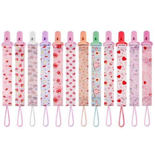 12 Pack Pacifier Clips with Adjustable Strap (32-46.5cm)/Short Strap(25.5cm) - Premium Polyester Baby Pacifier Holder Set, Multi-Design Clips for Boys Girls (Multicolor K - Pink)