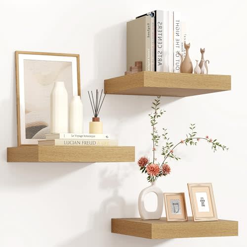 12"x12" Square Floating Shelves for Wall, Oak Finish, 3-Pack | Engineered Wood Wall Shelves with Invisible Brackets for Living Room, Bedroom, Bathroom, Office & Kitchen Storage